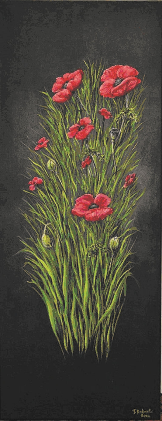 Poppies on Black | Slimline Fine Art Greeting Card. Make a bold statement with "Poppies on Black," a striking greeting card featuring original artwork by artist Joanne Roberts. Blank inside for personal touch. 