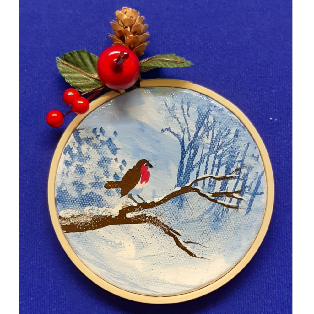 Original artwork, Circle Christmas robin canvas decoration MTGU-3265