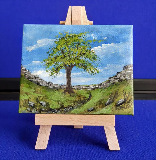 MTGU-3242 Original artwork, mini easel and canvas - Sycamore Gap